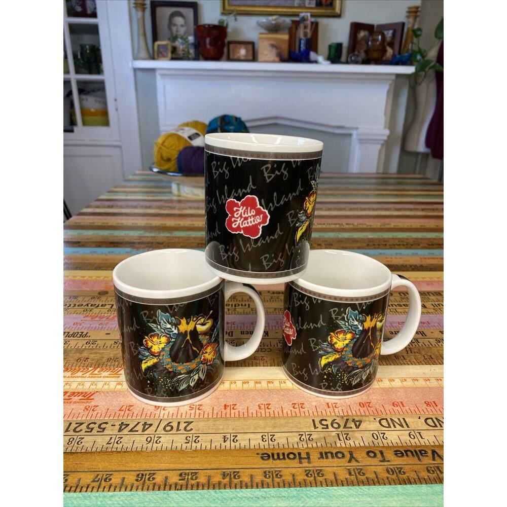 Set Of 3 2002 Hilo Hattie Big Island Heritage Coffee MUGS CUPS Hawaii Floral